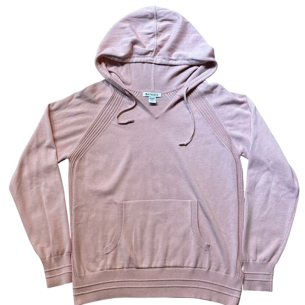 Athleta Pale Pink Pointelle Knit Hoodie Sweater Soft Lightweight Women's Medium